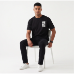 Zulqifl Black Oversized T-Shirt Front View sitting